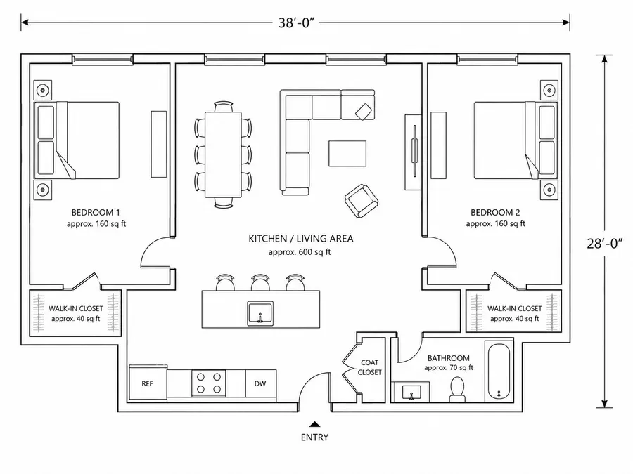 An illustrative floor plan of a generic NYC two-bedroom apartment showing two separate bedrooms, a kitchen/living area, and a bathroom, labeled with approximate square footage