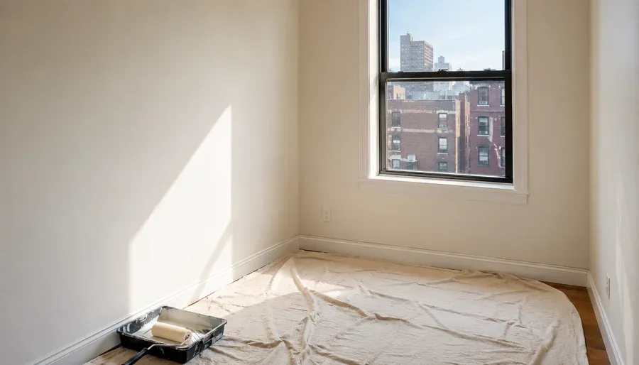 A small empty room mid-repaint with a paint roller and tray in the corner, drop cloth on the floor, NYC buildings visible through the window