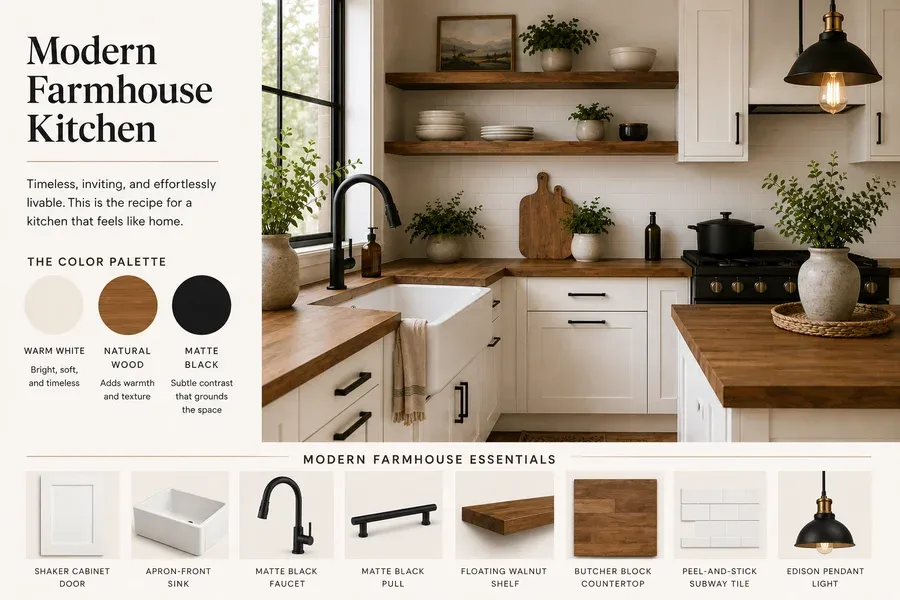 Modern farmhouse kitchen color palette and essential products: warm white, natural wood, matte black