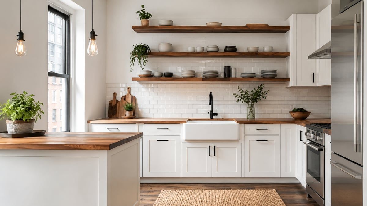 Modern farmhouse kitchen with white shaker cabinets and apron sink in a NYC apartment