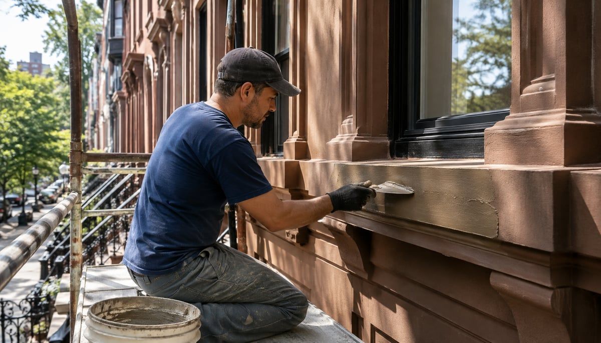 A mason kneeling on a scaffold platform applying tinted patching compound to a brownstone window sill with a trowel, with a row of brownstones and the neighborhood streetscape visible below