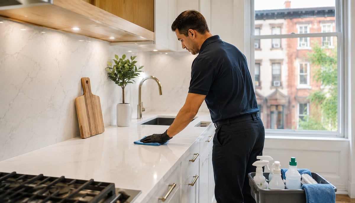 A professional cleaner wiping down a kitchen countertop in a bright NYC apartment.