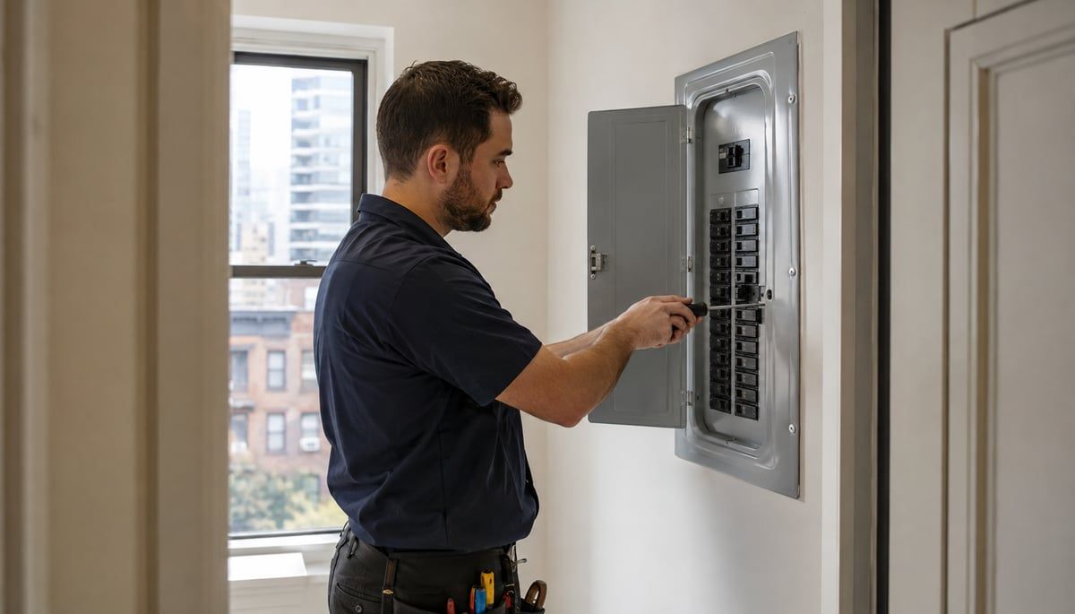 An electrician installing a new circuit breaker into an electrical panel in a NYC apartment.