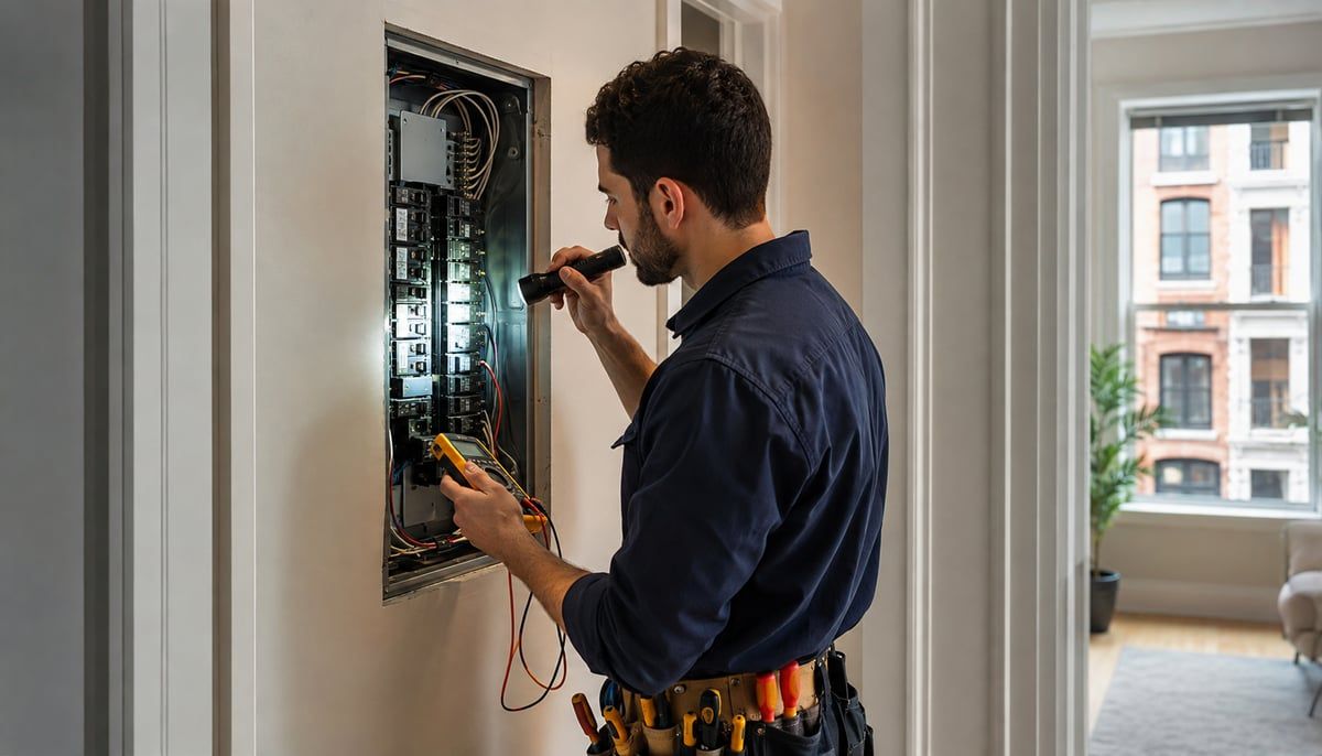 An electrician inspecting an open electrical panel in a NYC apartment utility closet.