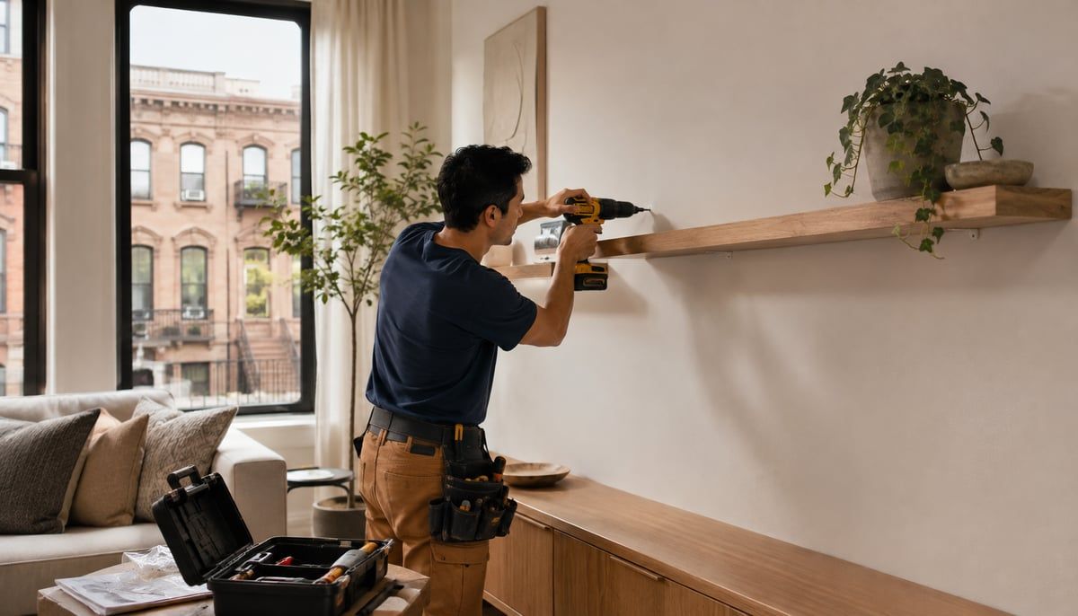 A handyman installing a floating shelf on a wall in a bright NYC apartment living room.