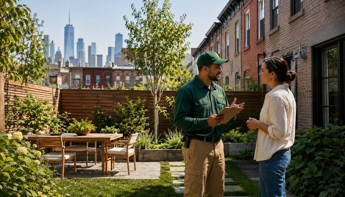A landscaper showing a homeowner a written estimate on a clipboard in a tidy NYC rowhouse backyard, with the Manhattan skyline visible in the background