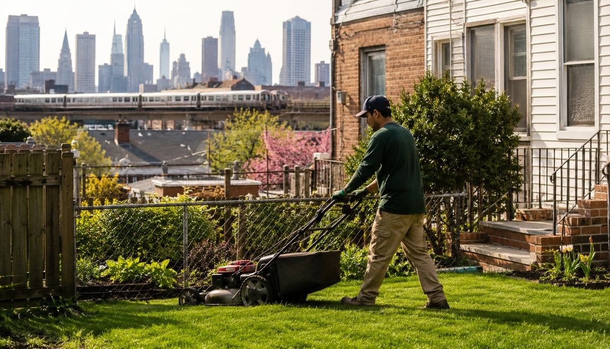 A landscaper mowing a small backyard lawn behind an outer-borough NYC rowhouse, with an elevated train and the city skyline visible in the background