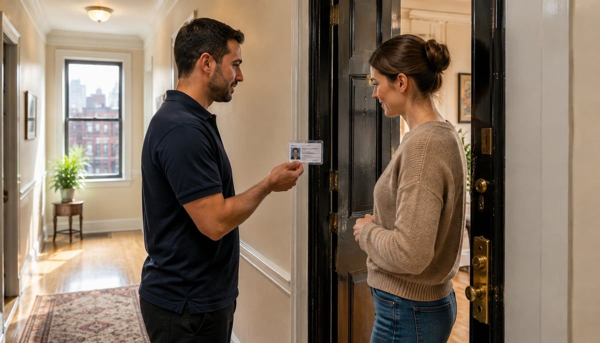 A locksmith in profile showing a photo ID card to a homeowner at her open apartment door in a bright New York City hallway