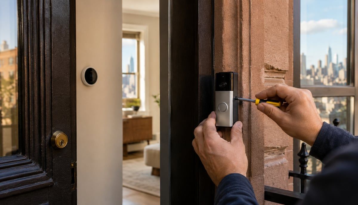 A professional installer's hands mounting a video doorbell on the door frame of a bright NYC brownstone entryway, with a thermostat visible on an interior wall through the open door and the city skyline in the background