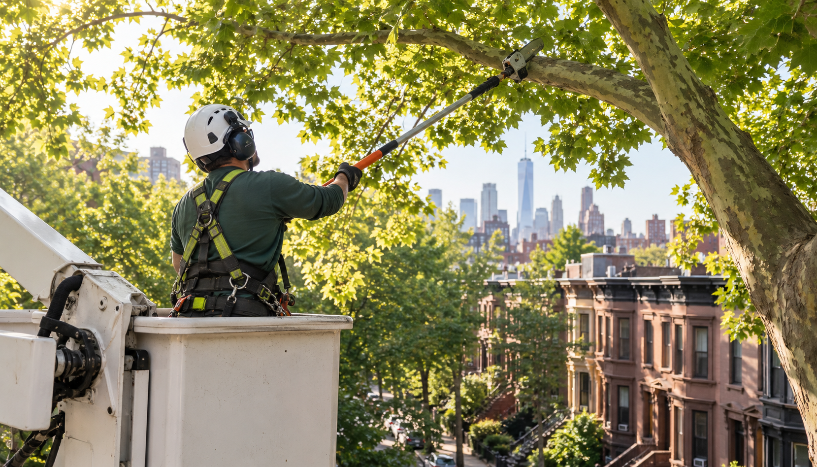 An arborist in a helmet and harness working from a bucket truck lift, trimming a high tree branch with a pole pruner, with Brooklyn brownstone rooftops and the Manhattan skyline visible through the leaves